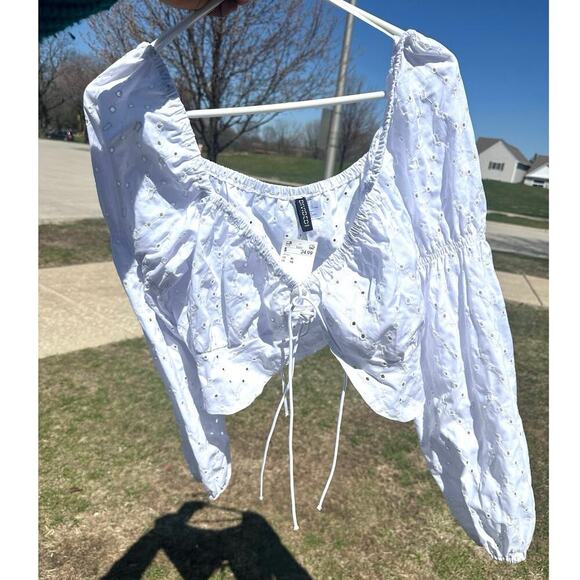 H&M Divided White Eyelet Tie Front Long Sleeve Balloon Top Size XL Blouse‎ - Picture 10 of 10